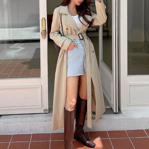 Khaki Elegant Womens Double Breasted Belted Trench Coat - Picture 3 of 5